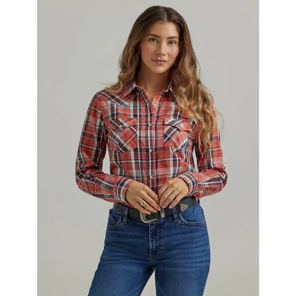 Women's Wrangler 112344676 Essential Western Red Orange Plaid Long Sleeve Shirt - Picture 1 of 9